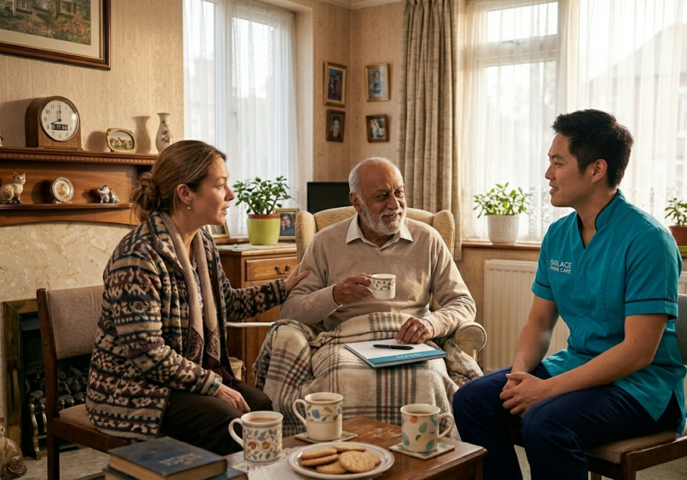 Asian Solace Prime Care assessor listening carefully to a family discussing care needs in Sheffield